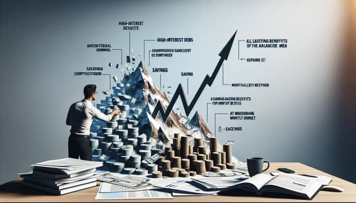 Person at desk reviewing financial documents, graphs show decreasing high-interest debts and increasing savings.