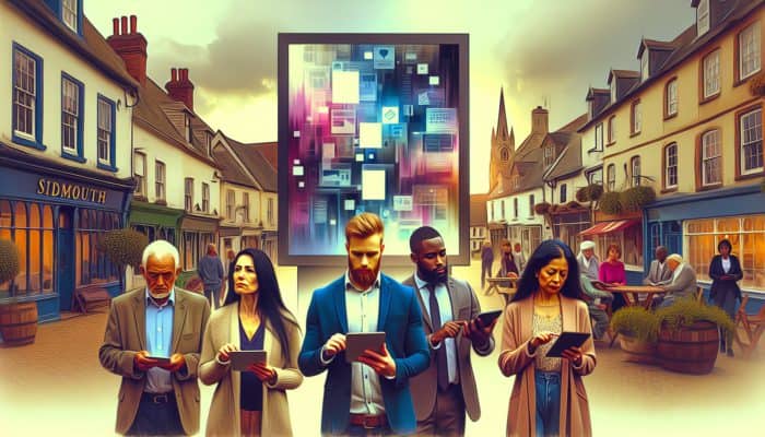 A digital billboard in Sidmouth's town square showcasing effective e-commerce marketing strategies, surrounded by engaged small business owners.