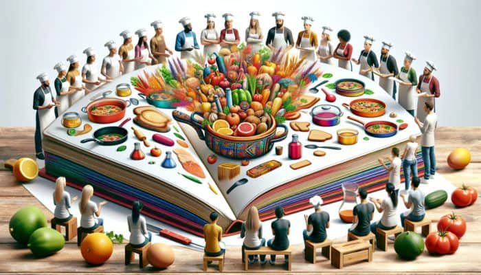 A cozy kitchen scene where novice cooks are learning easy recipes from professional chefs using an illustrated cookbook.