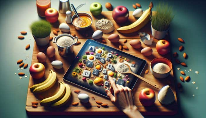 A beginner cook uses a tablet to discover ingredient substitutions in a vibrant kitchen, surrounded by eggs, applesauce, bananas, almond flour, and oats.