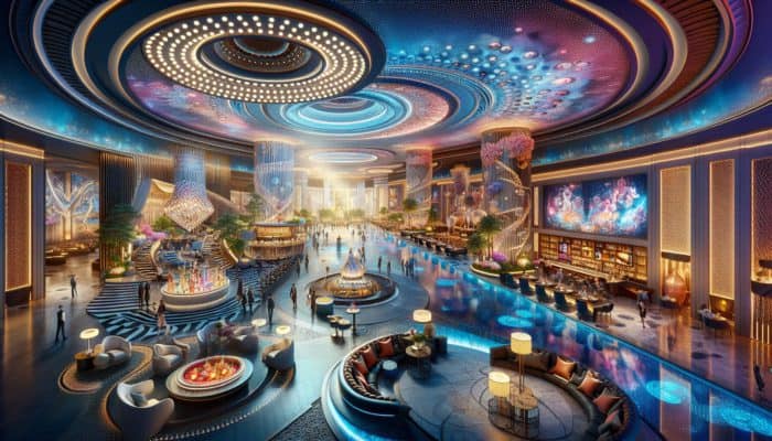 A luxurious Las Vegas hotel lobby where guests enjoy spa services, gourmet dining, and live entertainment.