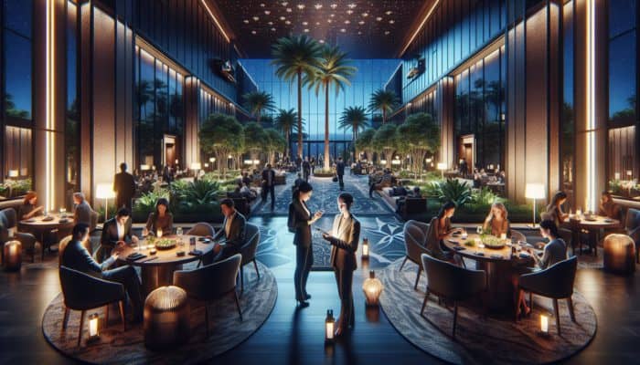 A tranquil Las Vegas hotel lobby at dusk where guests are dining and using their smartphones to check in.