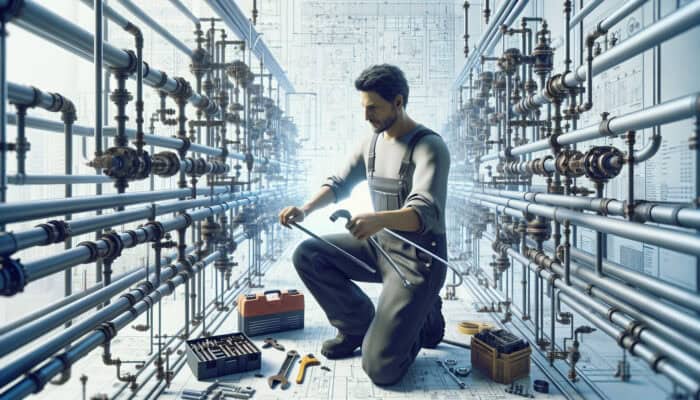 A skilled plumber in overalls working on commercial plumbing systems in Ladner, Delta, demonstrating expertise.