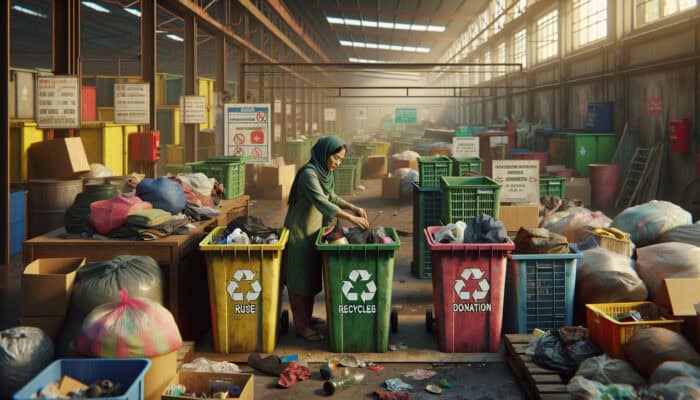 Person sorting items into bins labeled for reuse, recycling, donation, with local facilities in the background.