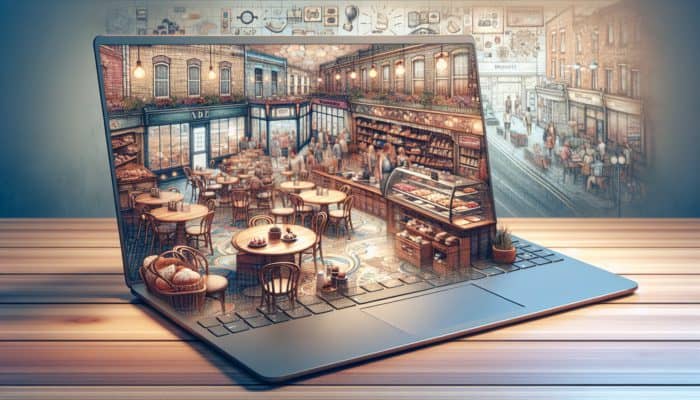 Blog Writing in Weymouth for Small Business: A café and retail store in Weymouth featuring a laptop displaying an engaging blog, enhancing SEO and customer connection.