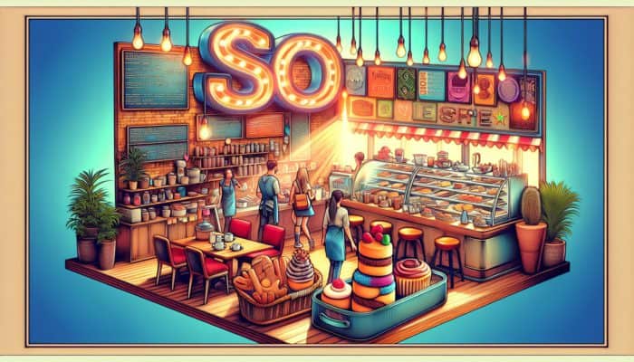 A bustling Weymouth coffee shop featuring a "Best Pastries in Weymouth" sign, frequented by locals and tourists, with SEO keywords incorporated into decor and menu.