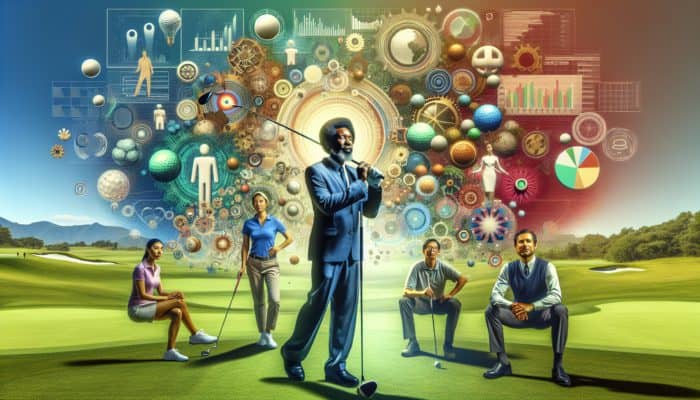 Nelson Mandela engaged in a game of golf with a diverse group, symbolizing unity and social change on a vibrant course.