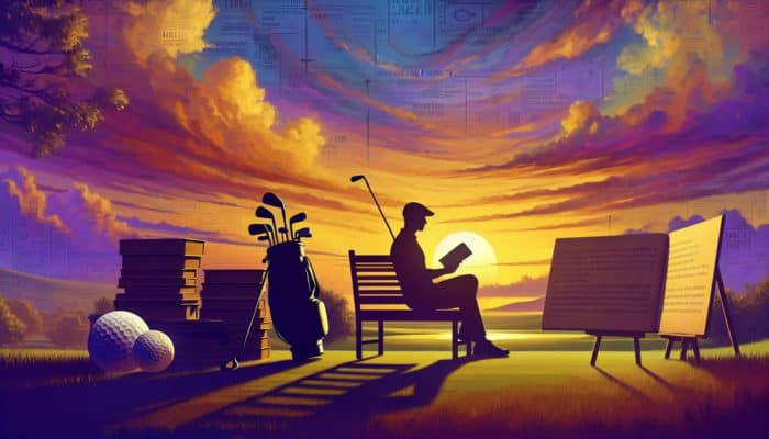 A tranquil golf course at sunset with an open book on a bench, surrounded by golf literature and a golfer's silhouette engaged in reading.