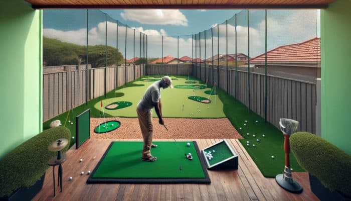 A beautiful backyard in South Africa showcasing a mini golf driving range with safety netting and a golfer in practice.