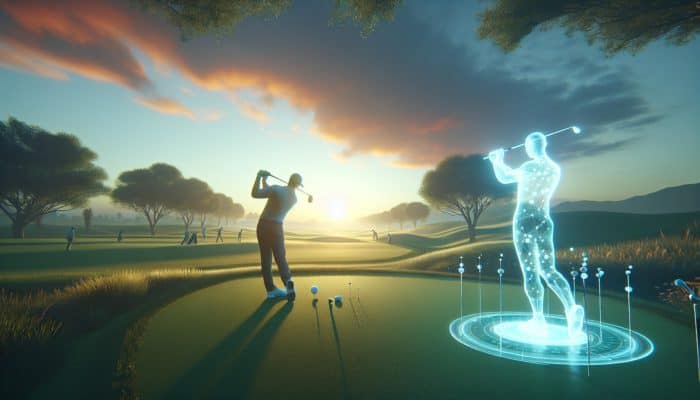 Golfer practicing swings at sunset in a peaceful course setting, guided by a holographic instructor.