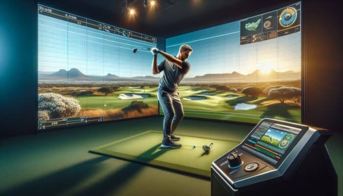 A South African golfer using a golf simulator for a virtual round while receiving real-time swing analysis.
