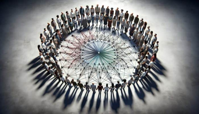 Prepper Unity Strategies: A diverse group of preppers in a circle, symbolising unity and resilience through interconnected lines.