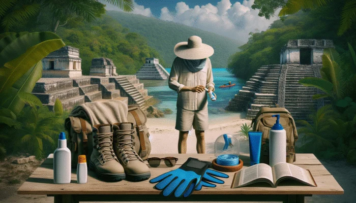 Traveler in Belize with lightweight clothes, hat, sunscreen, snorkeling gear, and hiking boots, near tropical ruins.