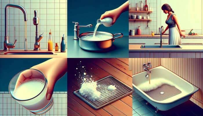 A homeowner uses boiling water, baking soda, vinegar, and a drain screen for drain maintenance.