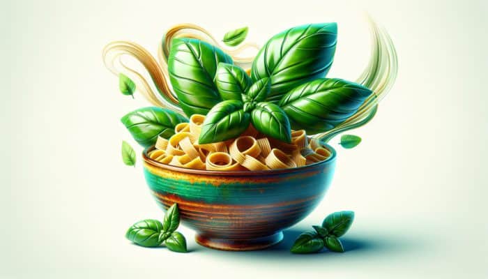 A bowl of pasta with fresh basil leaves, enhancing the dish's flavor and appeal.