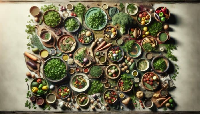 Fresh parsley garnishing colorful dishes on a rustic wooden table, enhancing flavor and appeal.