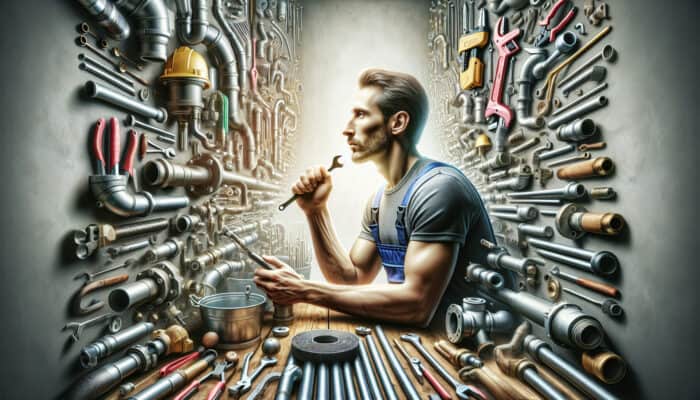 A plumber reviewing a checklist in a well-organized workshop to select the ideal drain service.