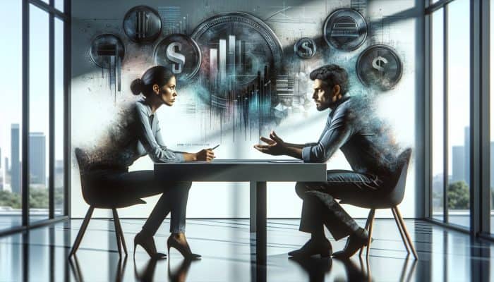 How to Negotiate Debt Consolidation Fees: UK Guide | DCL A tense negotiation scene in a modern office with two people discussing debt consolidation fees across a table, surrounded by charts and documents.