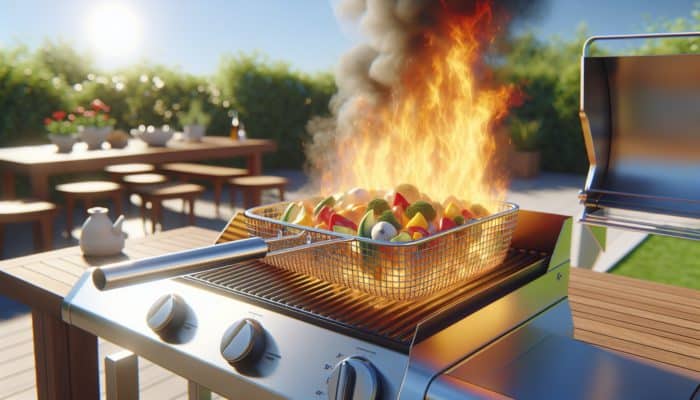 Stainless steel grilling basket with colourful diced vegetables sizzling over a flaming grill outdoors.