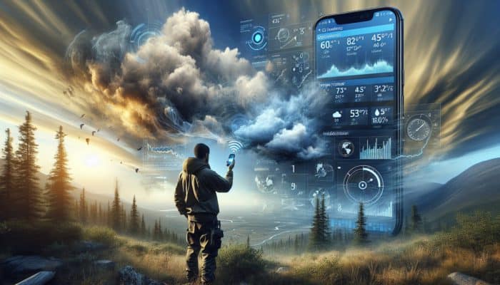 An individual in the wilderness utilizing a smartphone app for weather radar and alerts, alongside a handheld station measuring temperature, humidity, and pressure.