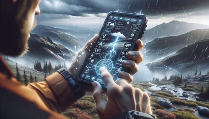 An individual using a handheld GPS device with a weather app in rugged terrain, displaying real-time data and alerts.