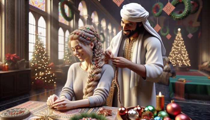A woman learning holiday braids from an expert amidst festive decor.
