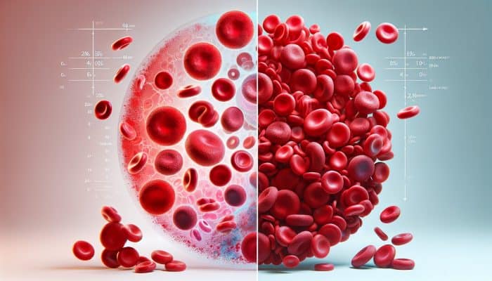 Illustration showing ferritin levels in blood, highlighting normal and low levels with differences in red blood cells.