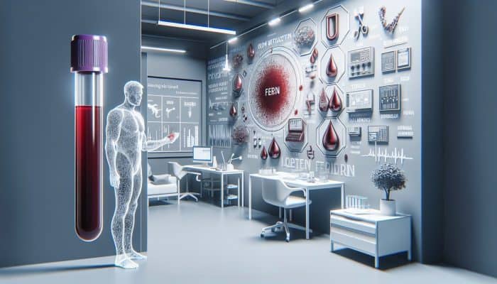 Illustration depicting ferritin blood test in a UK clinic, emphasizing the diagnosis of iron deficiency and overload.