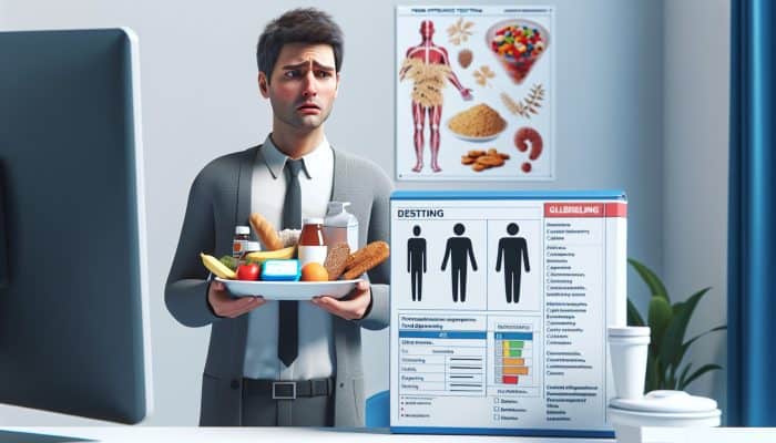 A confused person suffering from digestive issues and fatigue, holding gluten and dairy food, near a food intolerance test kit in a clinic.