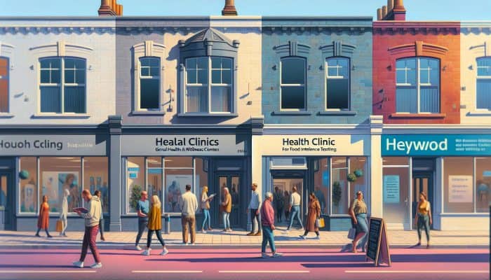 A bustling street in Heywood showcasing clinics that offer food intolerance testing, with people entering and exiting.