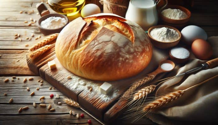 How to Knead Dough for Soft Bread: Freshly baked soft bread with golden crust and fluffy interior, surrounded by flour, water, yeast, and salt on a rustic table.