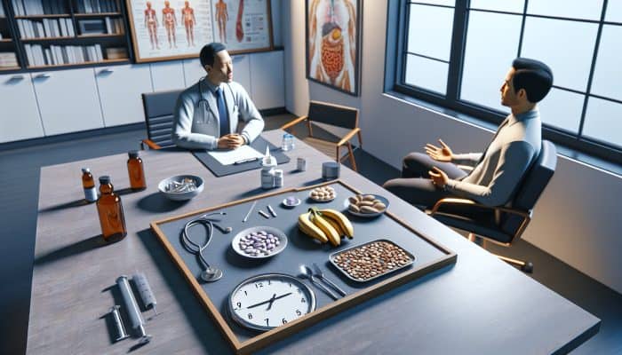 Individual in a medical office discussing preparations for a thyroid test, early morning, with food guidelines on the table.