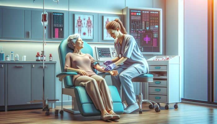 A patient in a calm clinic environment having blood drawn from their arm by a nurse, with minimal discomfort.