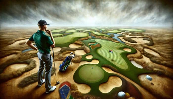 A South African golfer planning strategy on a diverse golf course, concentrating on ball placement and approach angles.