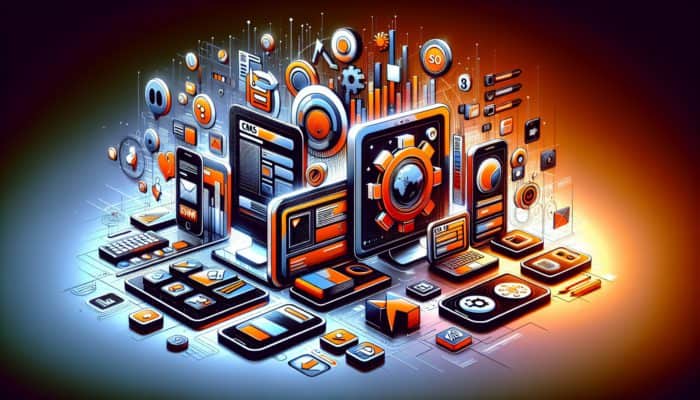 Modern website interface showcasing icons for CMS, responsive design, and SEO, adjusting for various devices.