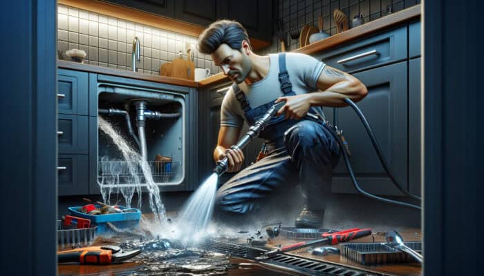 Drain Cleaning Services in Coquitlam: Plumber using high-pressure jet to clean clogged kitchen sink drain in modern home.