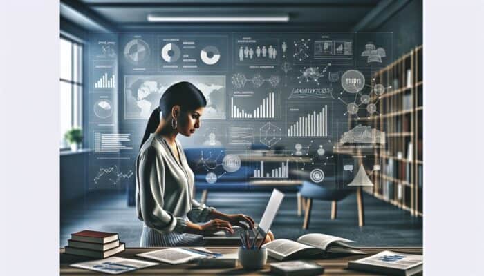 Small business owner evaluating SEO trends on laptop in a contemporary office, surrounded by marketing resources.