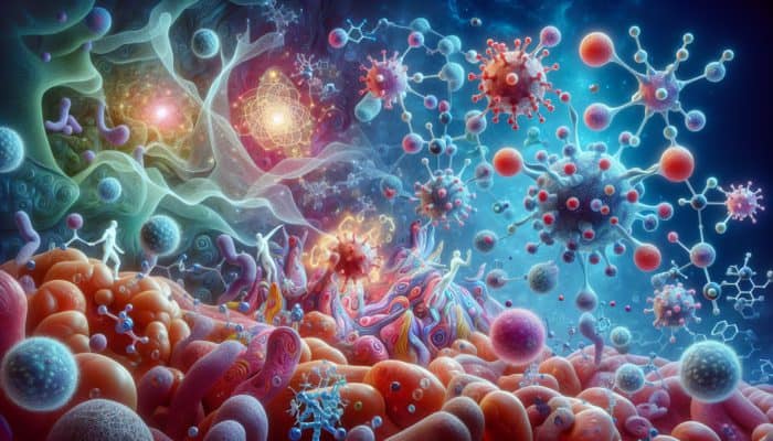 Illustration of glutamine molecules boosting immune cells, contrasting stressed and healthy tissues.