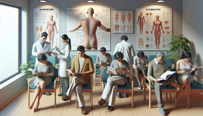 NHS clinic waiting room with patients learning about acupuncture integration into modern medicine.