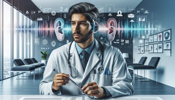 A male audiologist conducting hearing tests with advanced equipment in a modern clinic, surrounded by informative prevention posters.