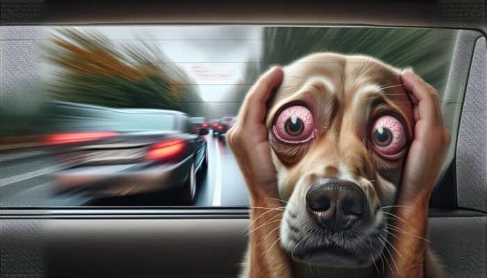A distressed dog in a moving car, showing signs of motion sickness due to inner ear imbalance and anxiety.