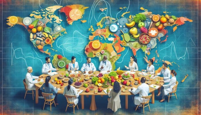 A diverse group of experts around a world map sharing healthy eating advice, with fruits, nuts, and salads on display.