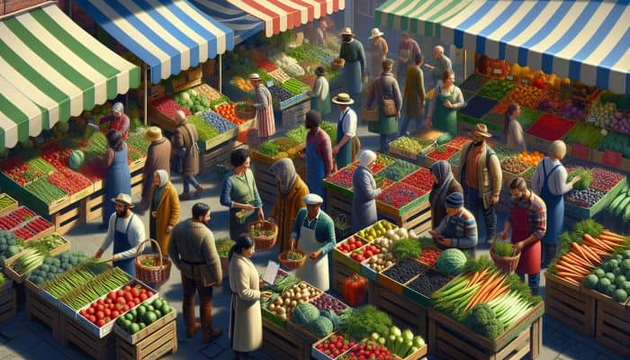 A UK farmers' market featuring seasonal produce like asparagus, berries, and parsnips, displayed at colorful stalls.