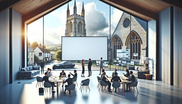 Contemporary WordPress design studio in Glastonbury, featuring professionals collaborating around a large screen in a historic architecture setting.