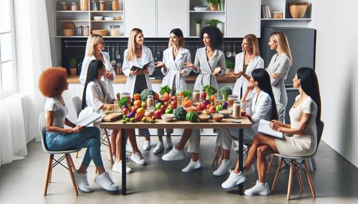 Diverse female nutritionists discussing budget-friendly meals in a modern kitchen, surrounded by healthy foods and charts.