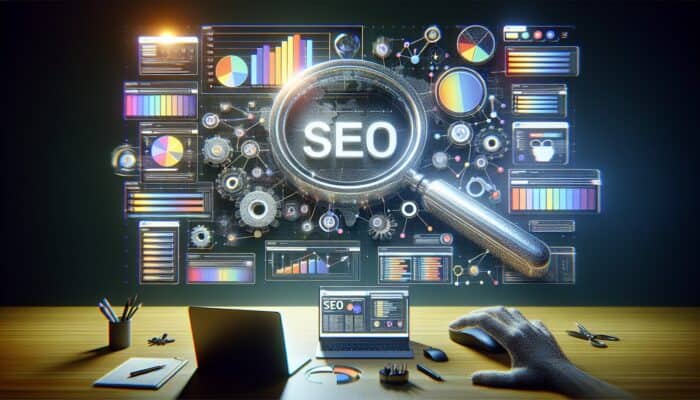 Learn How to Write SEO-Friendly Page Titles: A vibrant digital screen displaying magnified SEO titles as clickable headlines on a search engine results page.