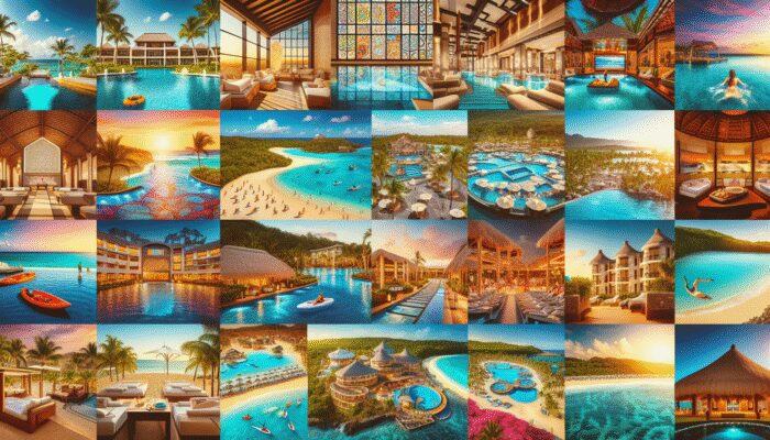 Collage of all-inclusive resorts in the Caribbean, Mexico, and Hawaii showcasing amenities, beaches, and activities.