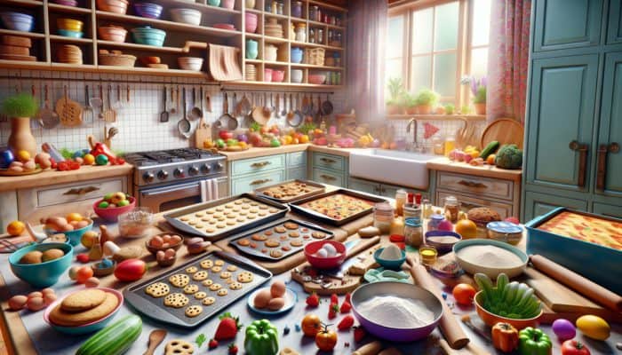 A kitchen scene featuring labeled baking sheets, ingredients, and utensils under warm lighting.