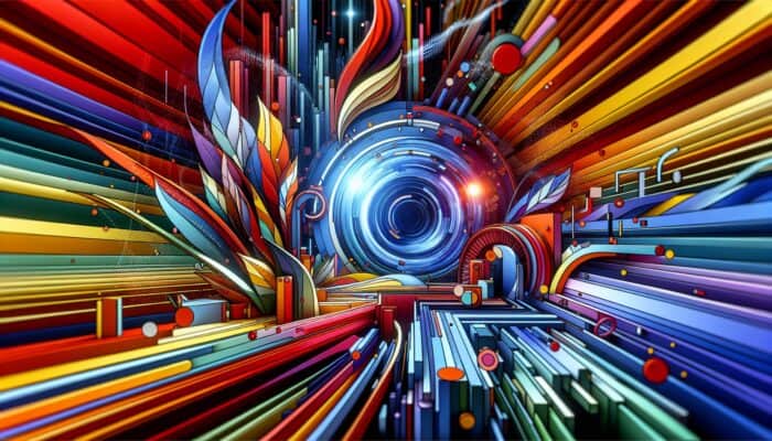 A vibrant, abstract design with bold colors and shapes forming a dynamic 5-15 second video intro.