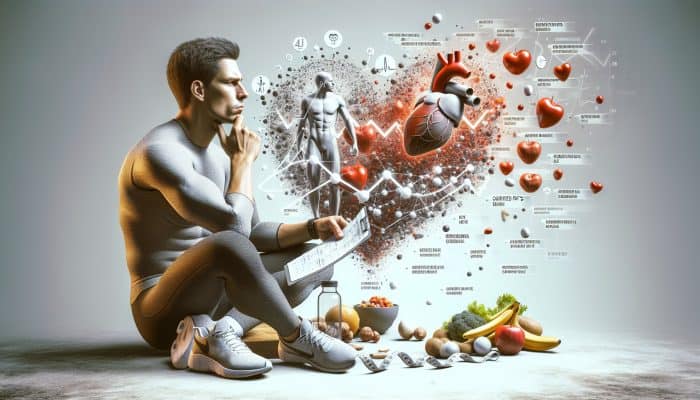 Person reviewing cholesterol results, considering diet and exercise changes, with healthy food and workout gear.